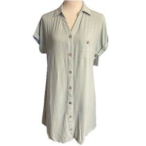 Naïf  Women S Linen Rayon Sage Button Up Midi Pocket Short Sleeves  Casual Dress